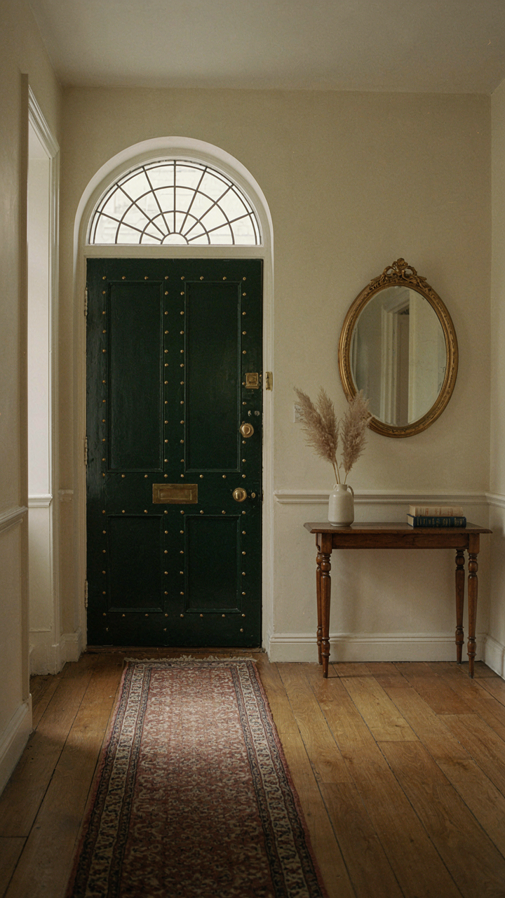 Georgian entryway with a console table, mirror, and fanlight above the door.