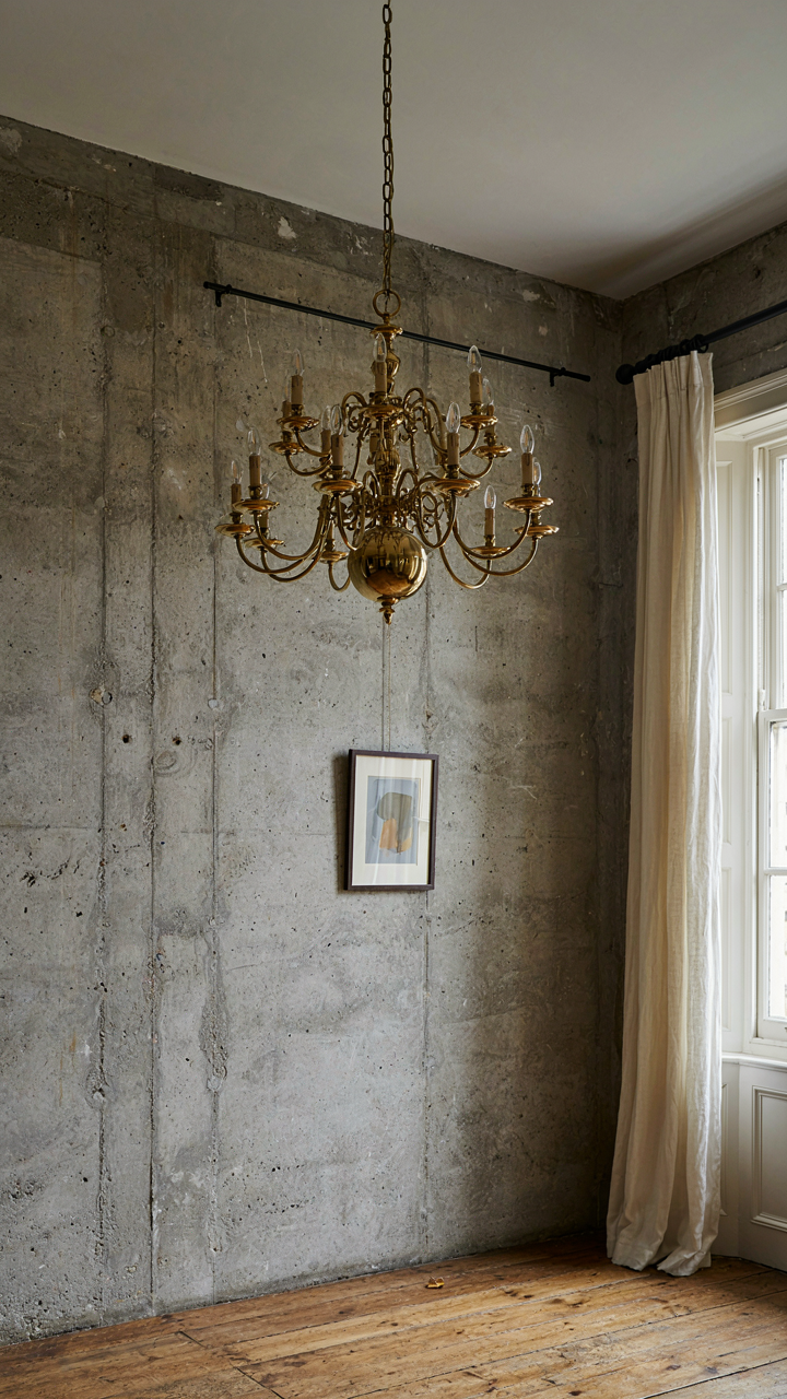 Brass chandelier in a Georgian room with exposed concrete walls, creating contrast.