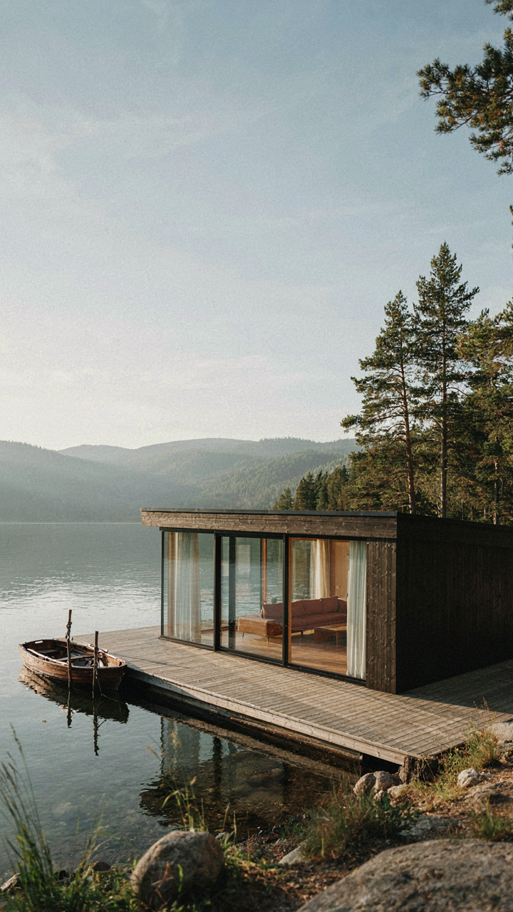 Glass lake cabin with floor-to-ceiling windows providing panoramic lake views.