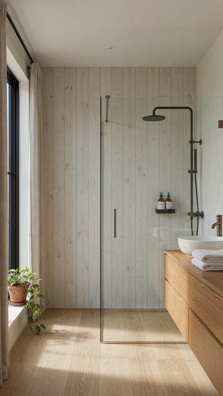Natural light streams through a frameless glass shower in a cabin bathroom.