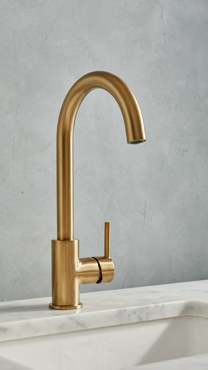 A brushed gold faucet on a light gray wall and marble counter in a chateau style bathroom.