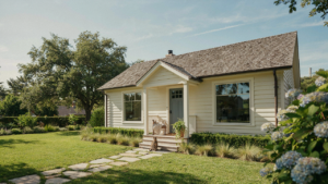 A charming granny flat cottage with a small porch in a sunny, green backyard.