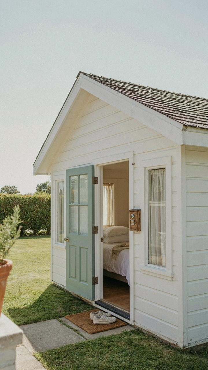 A small, welcoming granny flat cottage with a lockbox by the door.