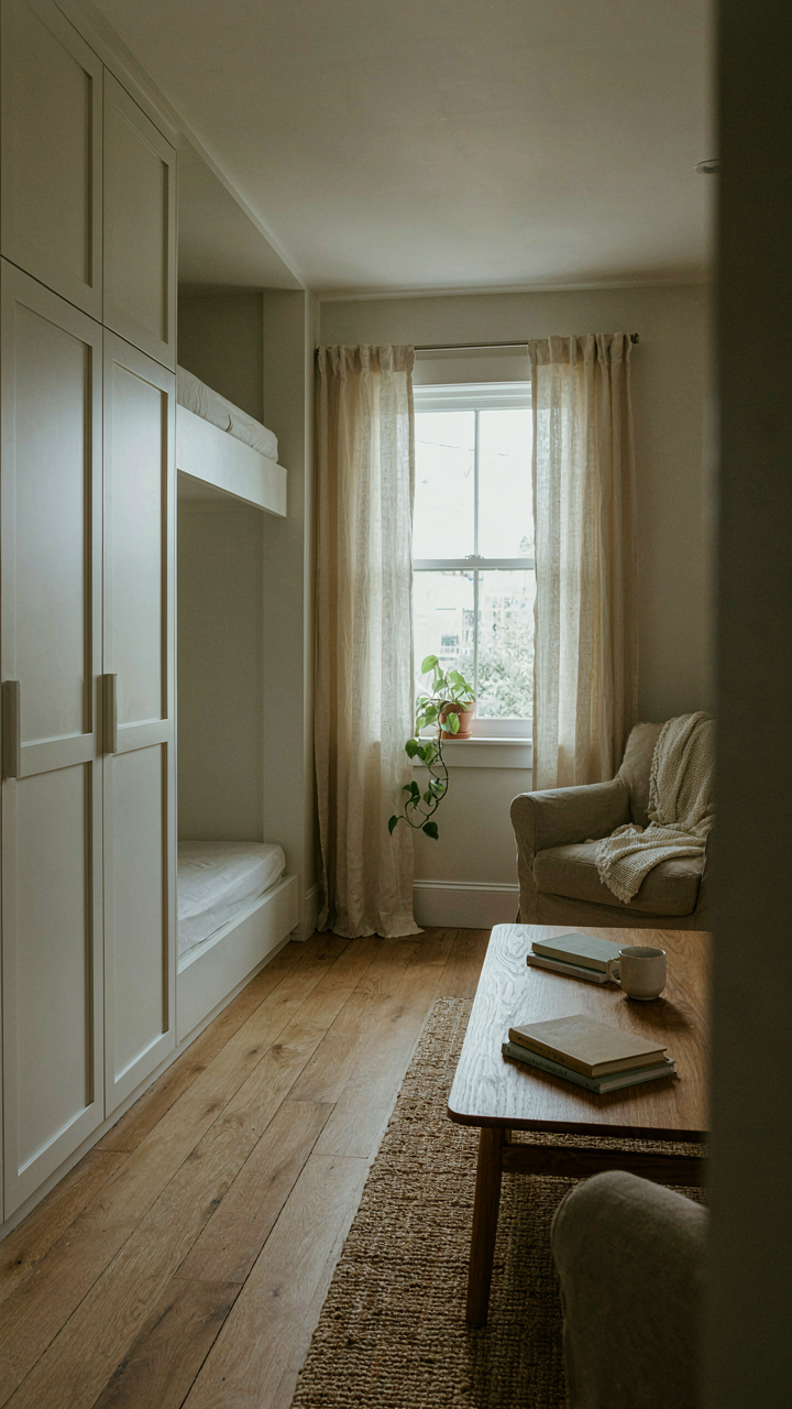 A stylish murphy bed is folded into a wall cabinet in a small living area.