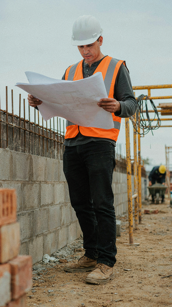 A person in a hard hat reviews a blueprint on a construction site.