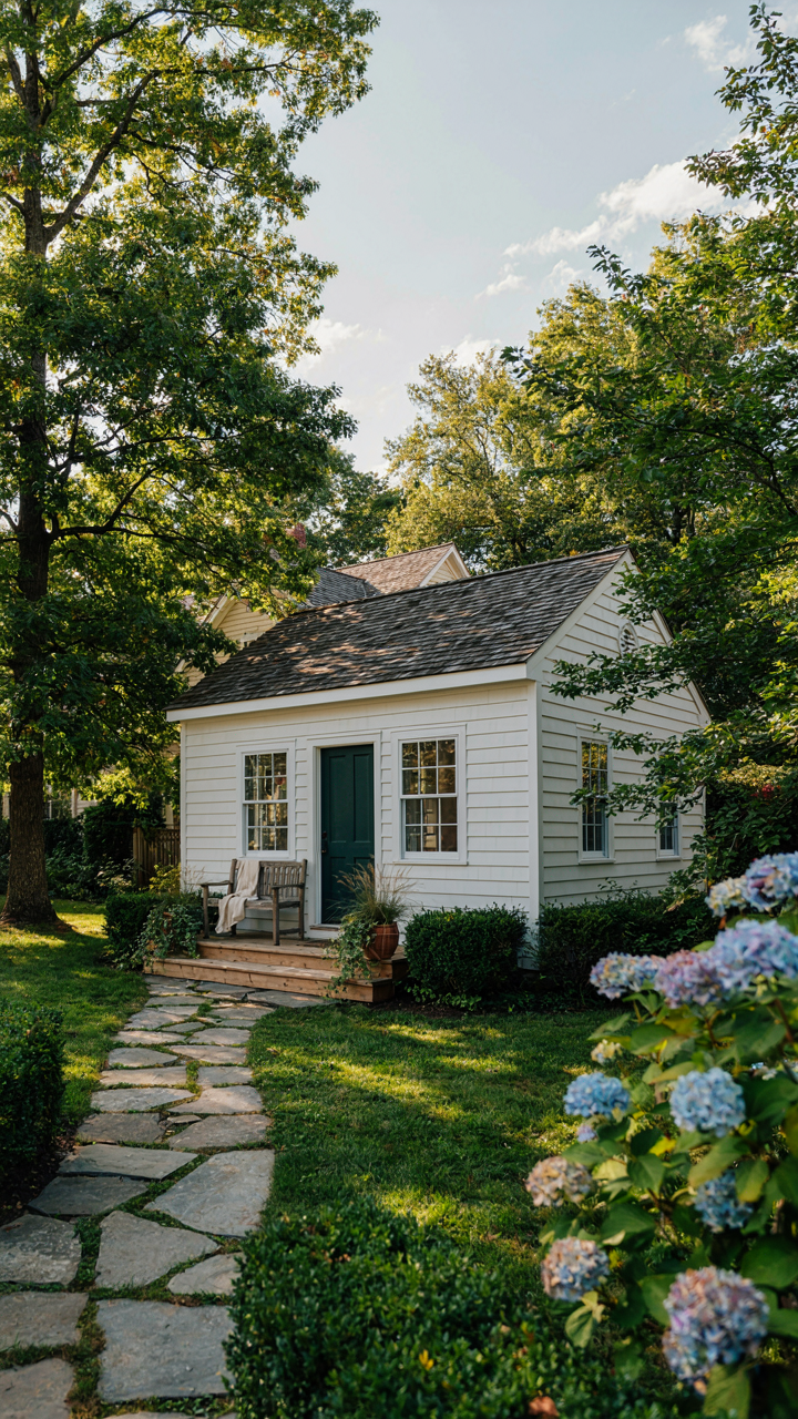 A small, independent granny pod with its own entrance in a landscaped backyard.