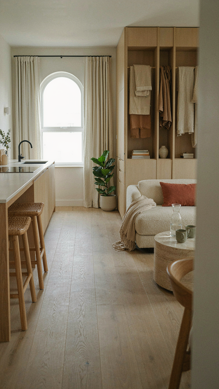 An open-plan granny flat interior with a kitchen and living area.