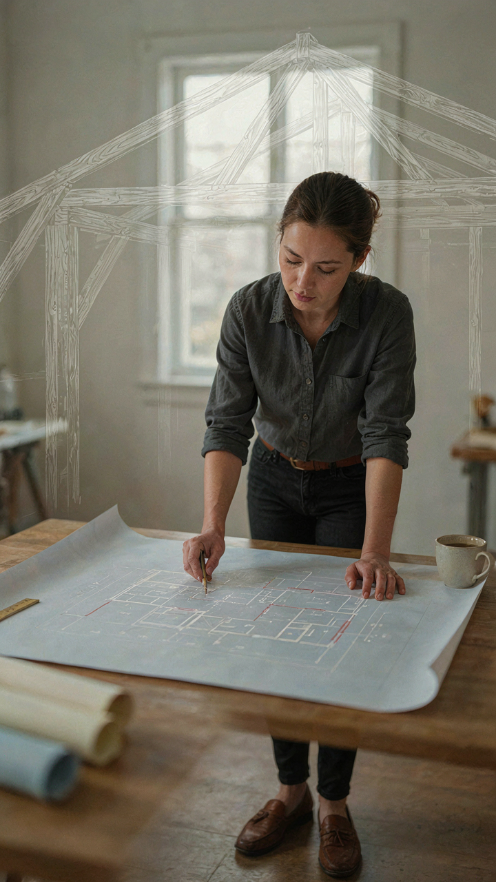 A structural engineer examines a blueprint with load paths for a loft.