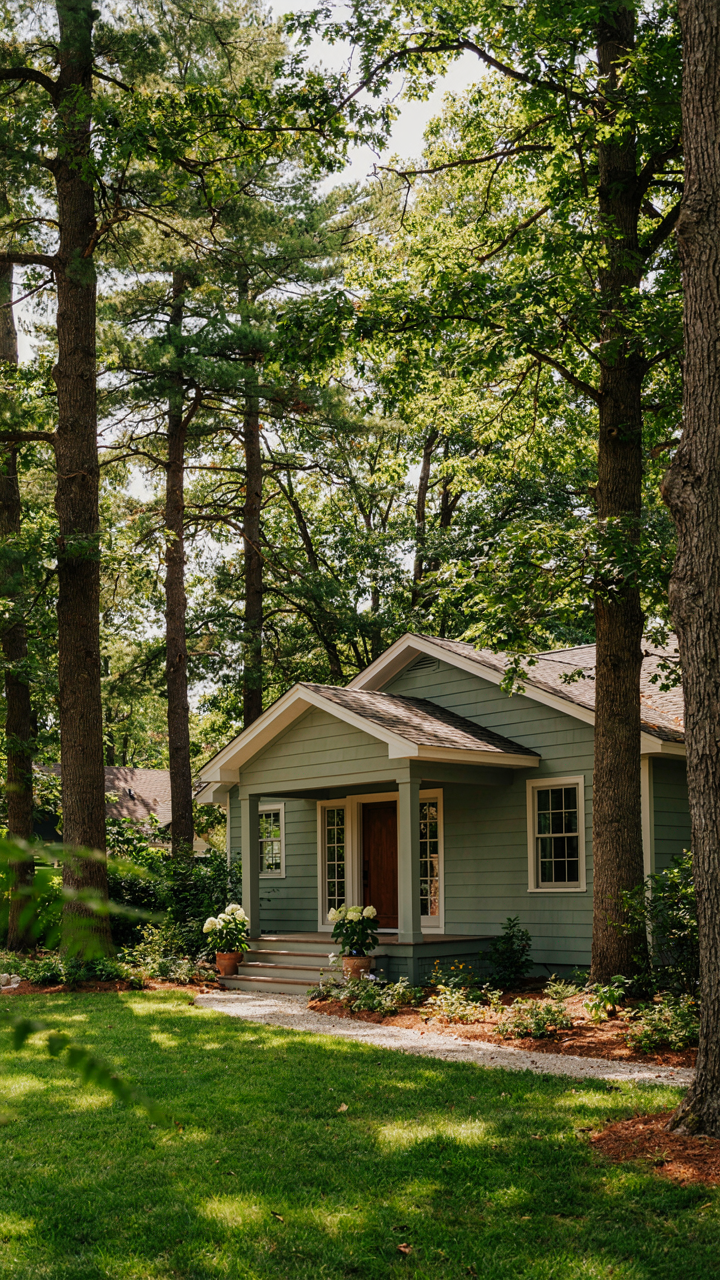 A bungalow painted muted sage green sits among tall trees.