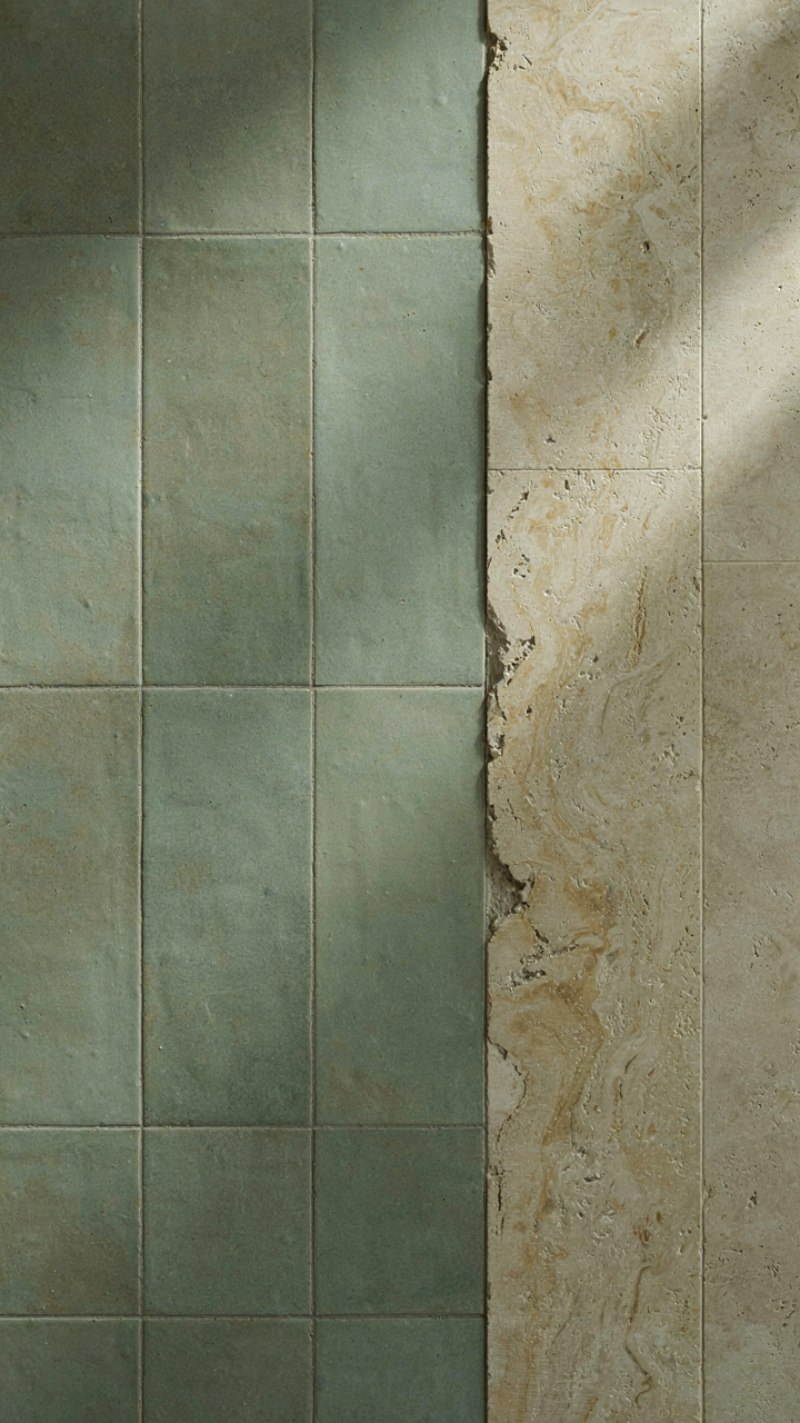 Matte sage green tile pairs with natural stone accents on a bathroom wall.