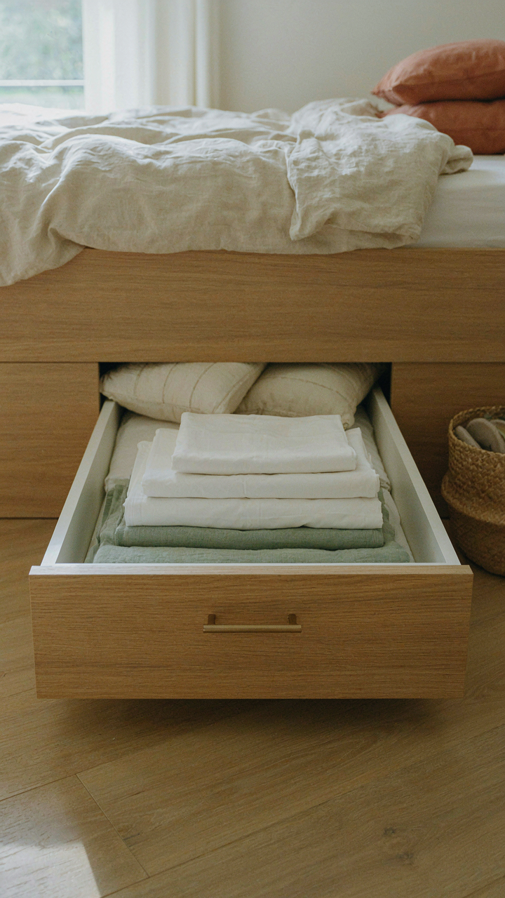 A built-in bed drawer holds folded guest linens and pillows.