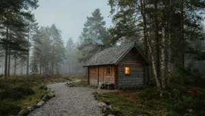 A charming guest cabin with a gravel path, surrounded by trees, in the soft morning light.