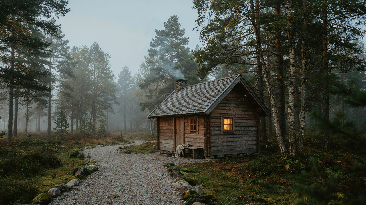 A charming guest cabin with a gravel path, surrounded by trees, in the soft morning light.