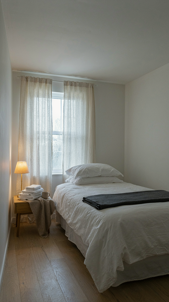 A functional guest cabin bedroom with a bed, reading light, and clean towels.