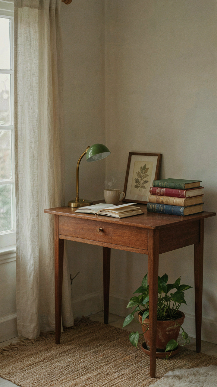 A thoughtfully arranged desk with a lamp and books inside a cozy guest shed.