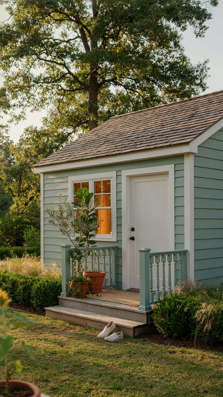 A charming, renovated shed in a backyard, lit from inside.