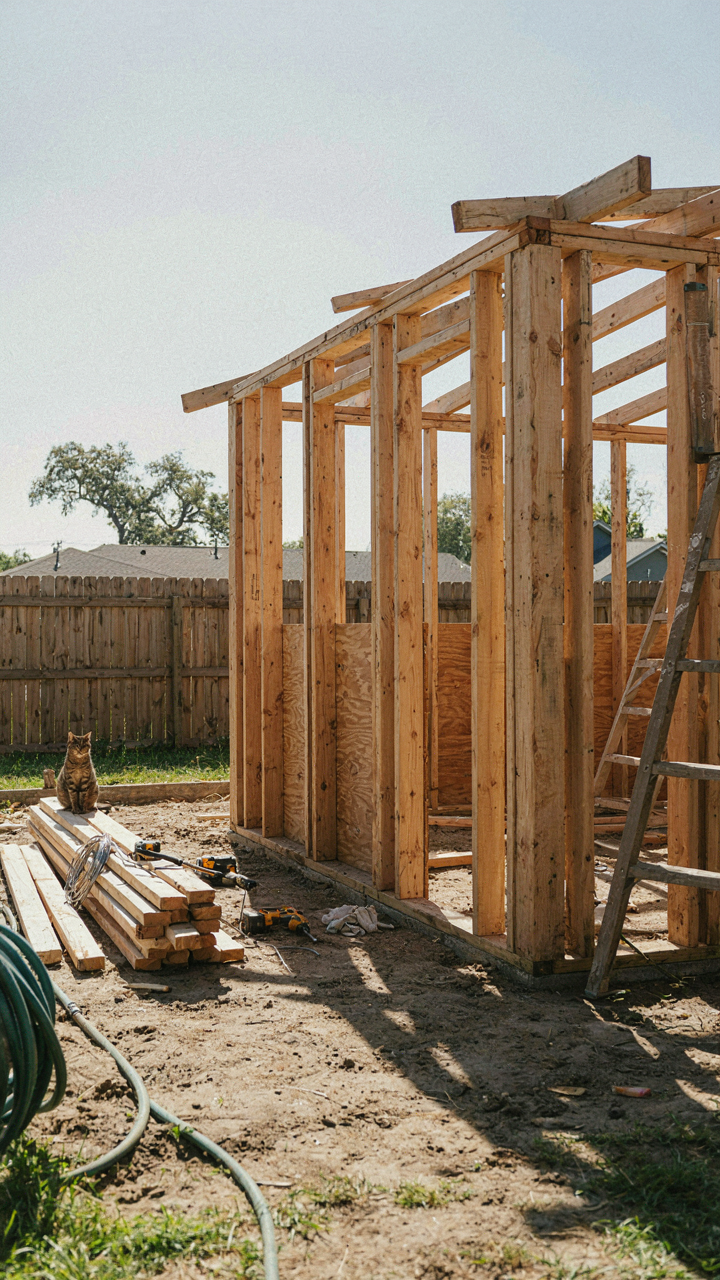A small, newly framed shed structure sits in a backyard under construction.