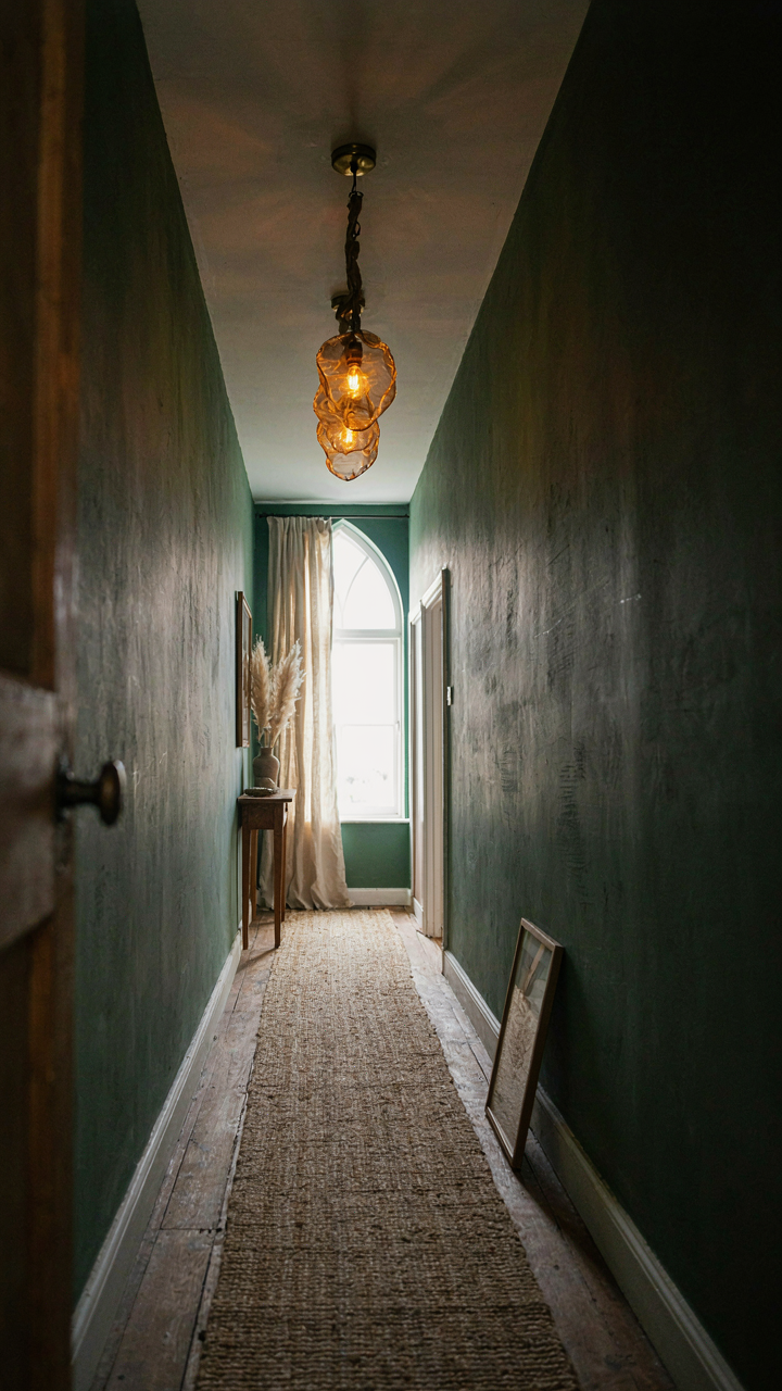 A narrow cottage hallway with deep green walls and a sculptural brass light.