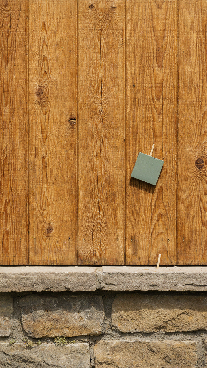 Natural wood and stone textures on a craftsman home with a paint sample.