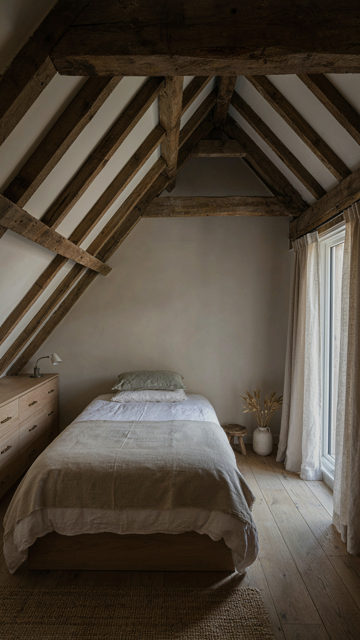 A low platform bed under an angled ceiling in a barn loft bedroom.
