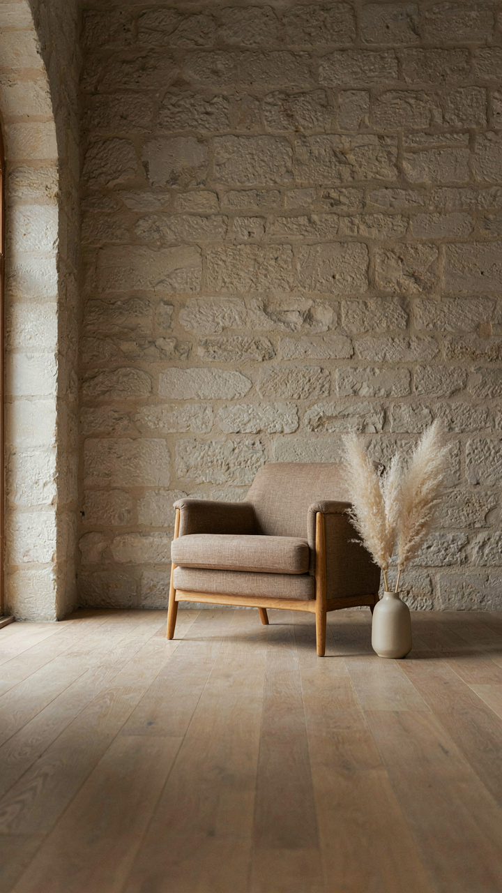 A single linen armchair against a bare stone wall.
