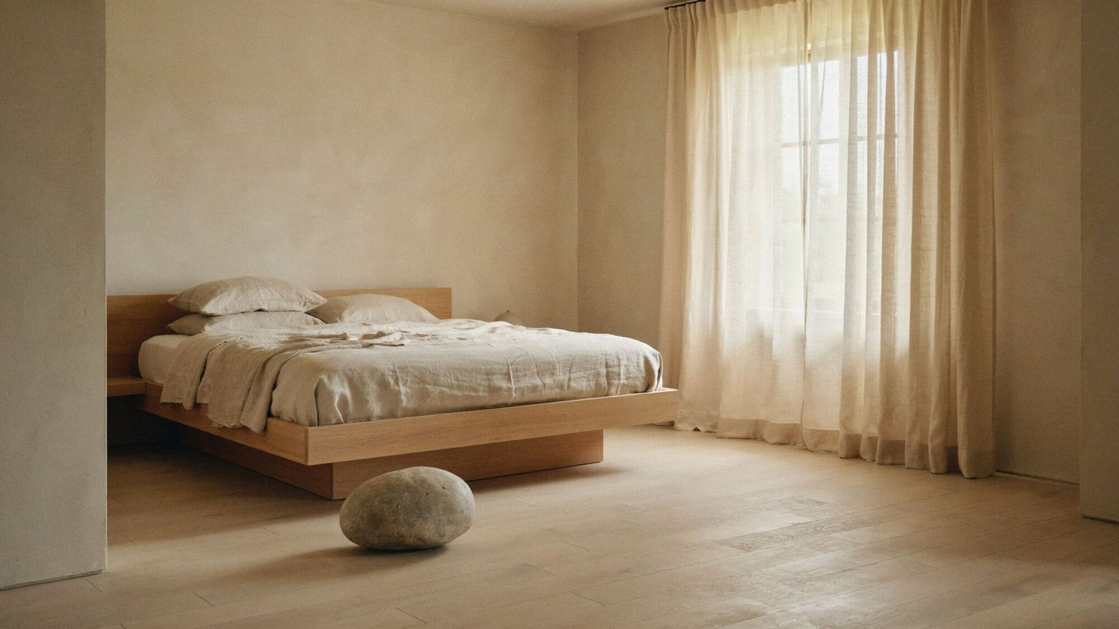 Serene Nordic bedroom with a low oak bed and undyed linen bedding