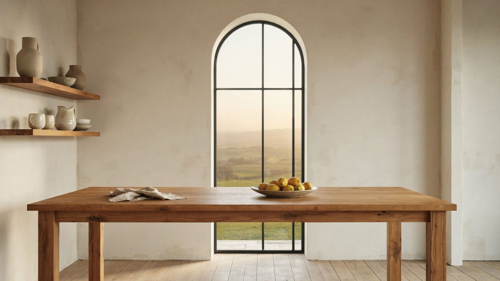 Calm kitchen with a long oak island and an arched window onto hazy countryside