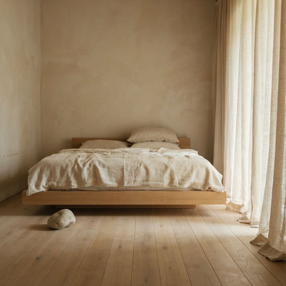 Serene bedroom with a low oak platform bed and undyed linen bedding
