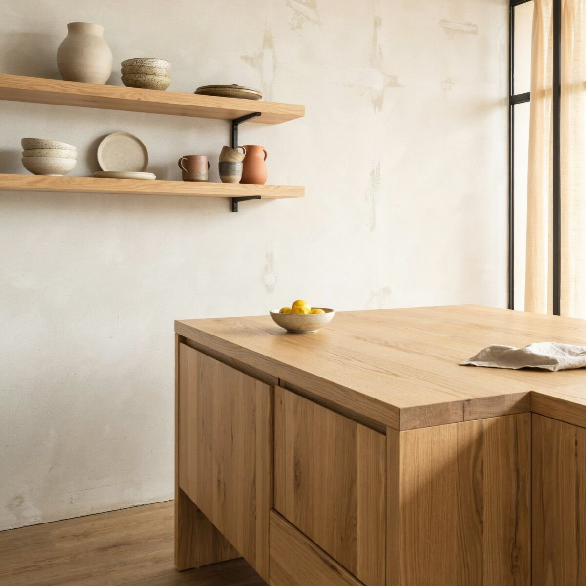 Calm kitchen with oak open shelving and a wide oak island