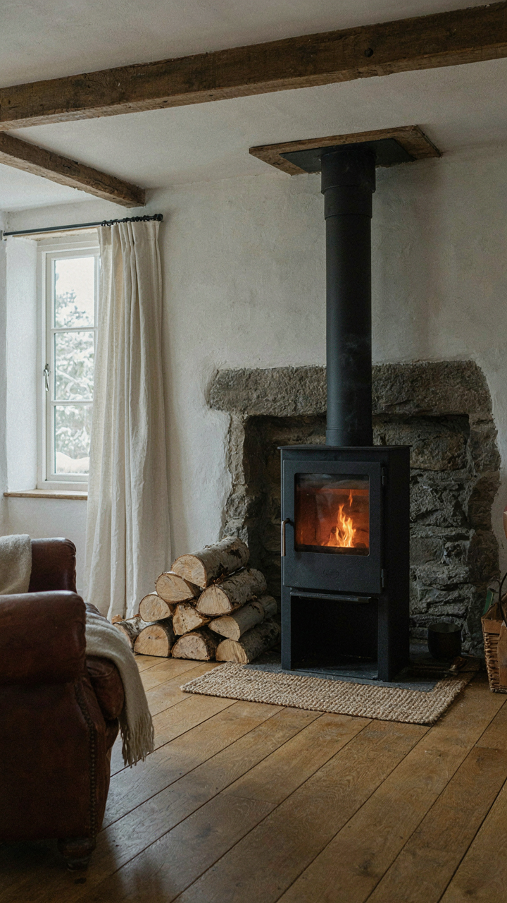 A modern wood-burning stove heats a warm Scottish cottage living room.