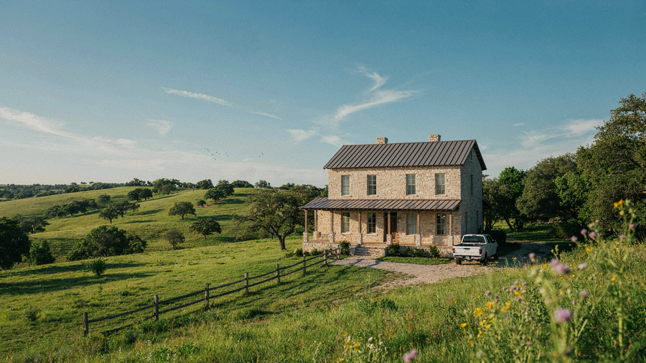 A hill country farmhouse with limestone walls and a metal roof under a bright blue sky.