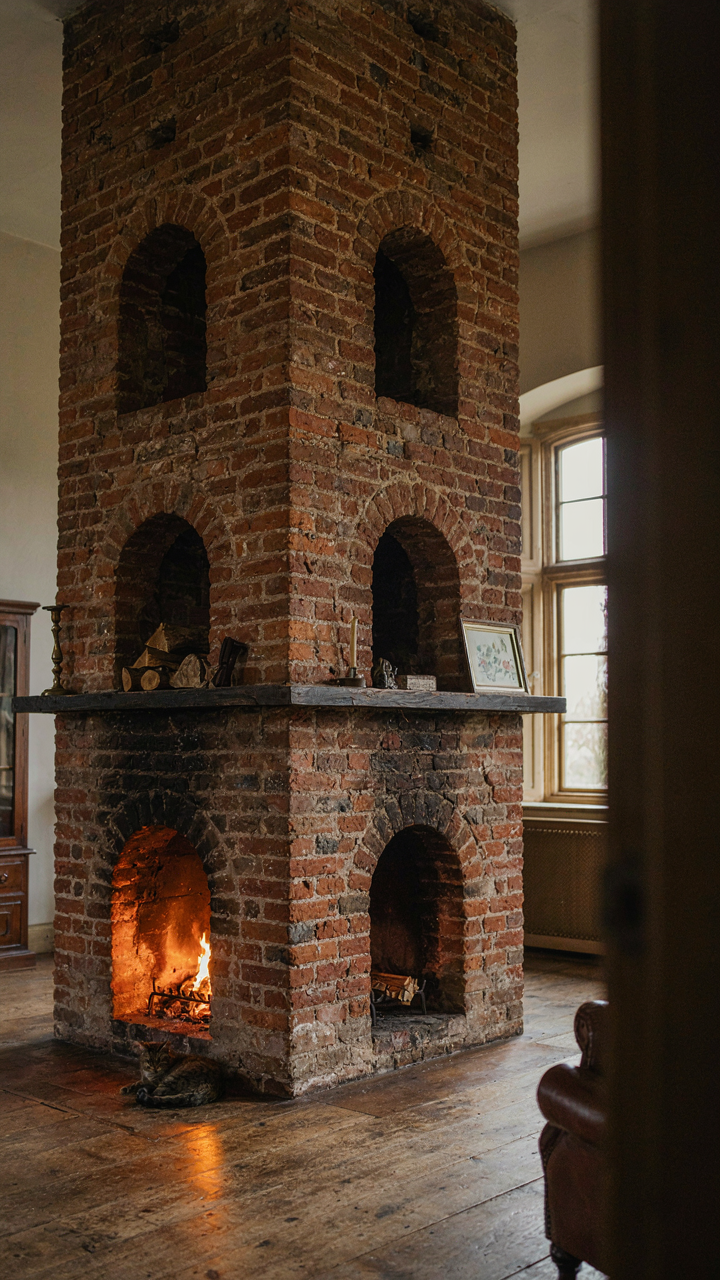 Interior view of a massive brick central chimney with multiple fireplaces.