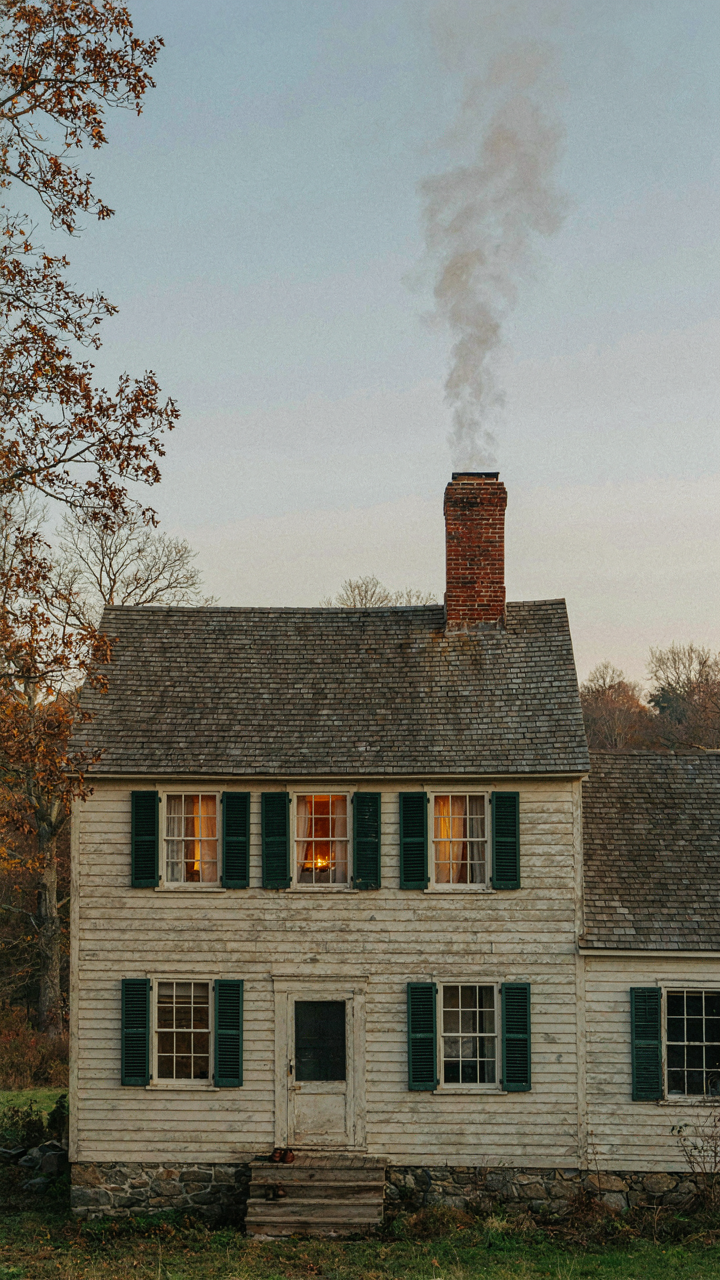 A central brick chimney rises from a historic farmhouse, with subtle smoke and warm interior light.