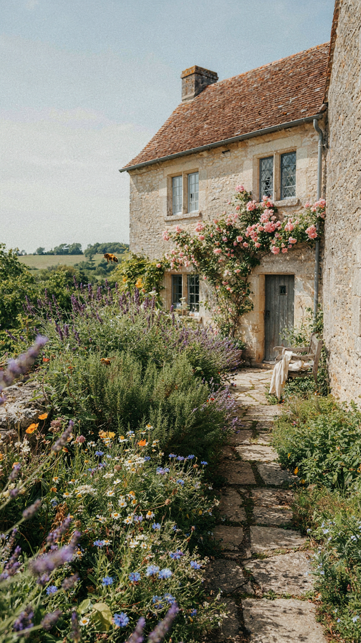 A European cottage with a garden of native lavender and rosemary plants.