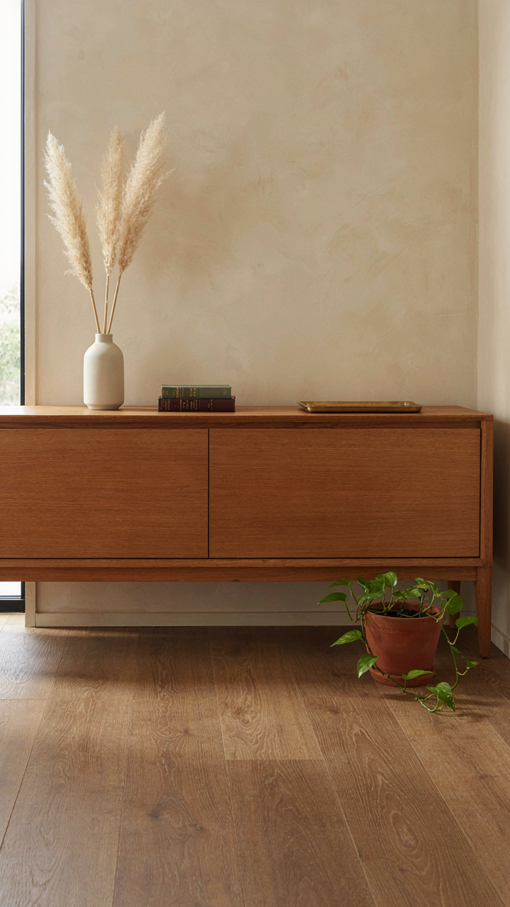 A long, low oak credenza with horizontal shelving in a prairie style interior.
