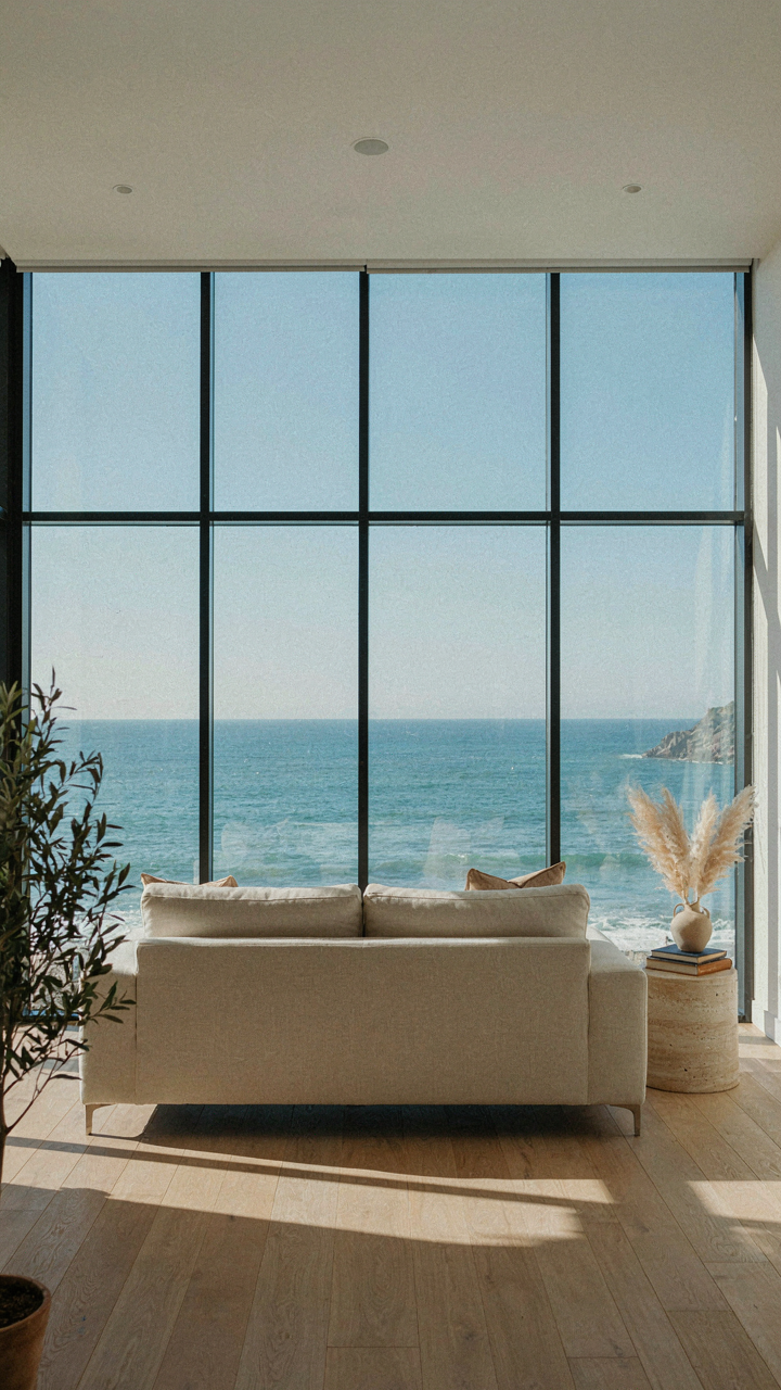 A large window in a coastal cottage frames an expansive ocean view.