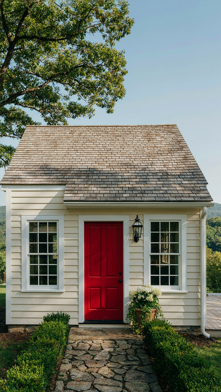 A cottage with cream walls, white trim, and a bright red front door.