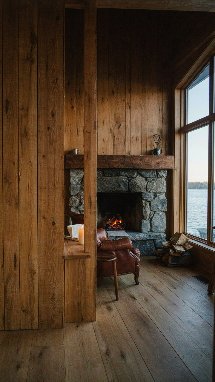 Lake cabin interior with a rough-hewn wood paneled wall and a stone fireplace.