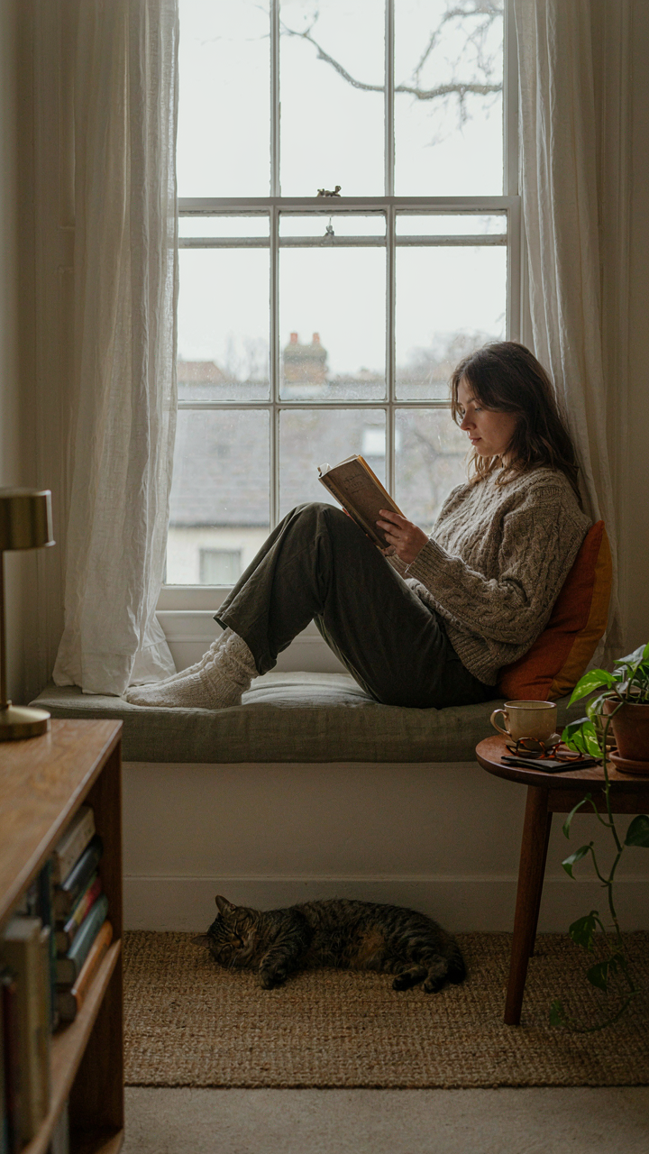 A person sits in a cozy reading nook with a window.