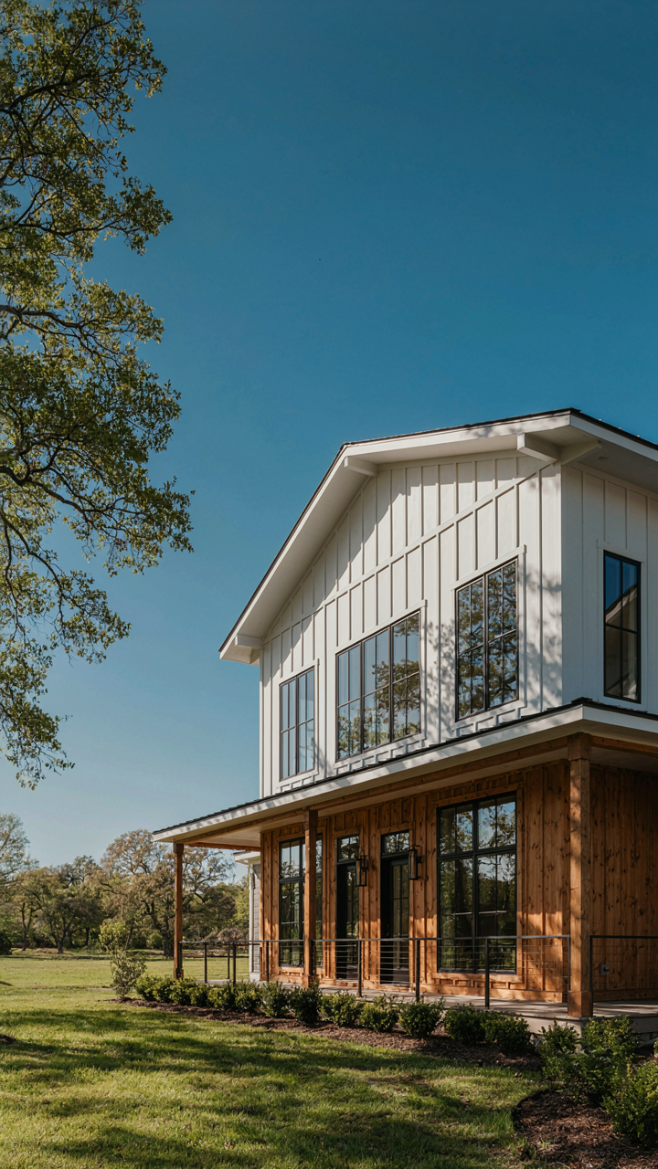 A modern farmhouse features a wraparound porch with clean lines and deep overhangs.