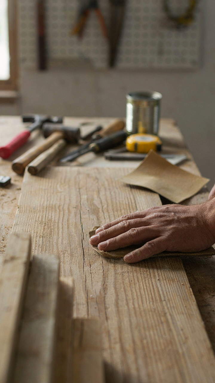 Hands carefully sanding a section of a wooden barn door.
