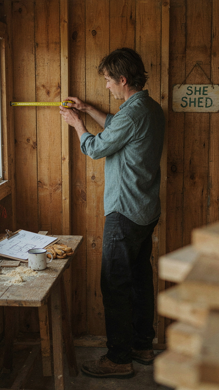 A person measuring the interior dimensions of a she shed wall.