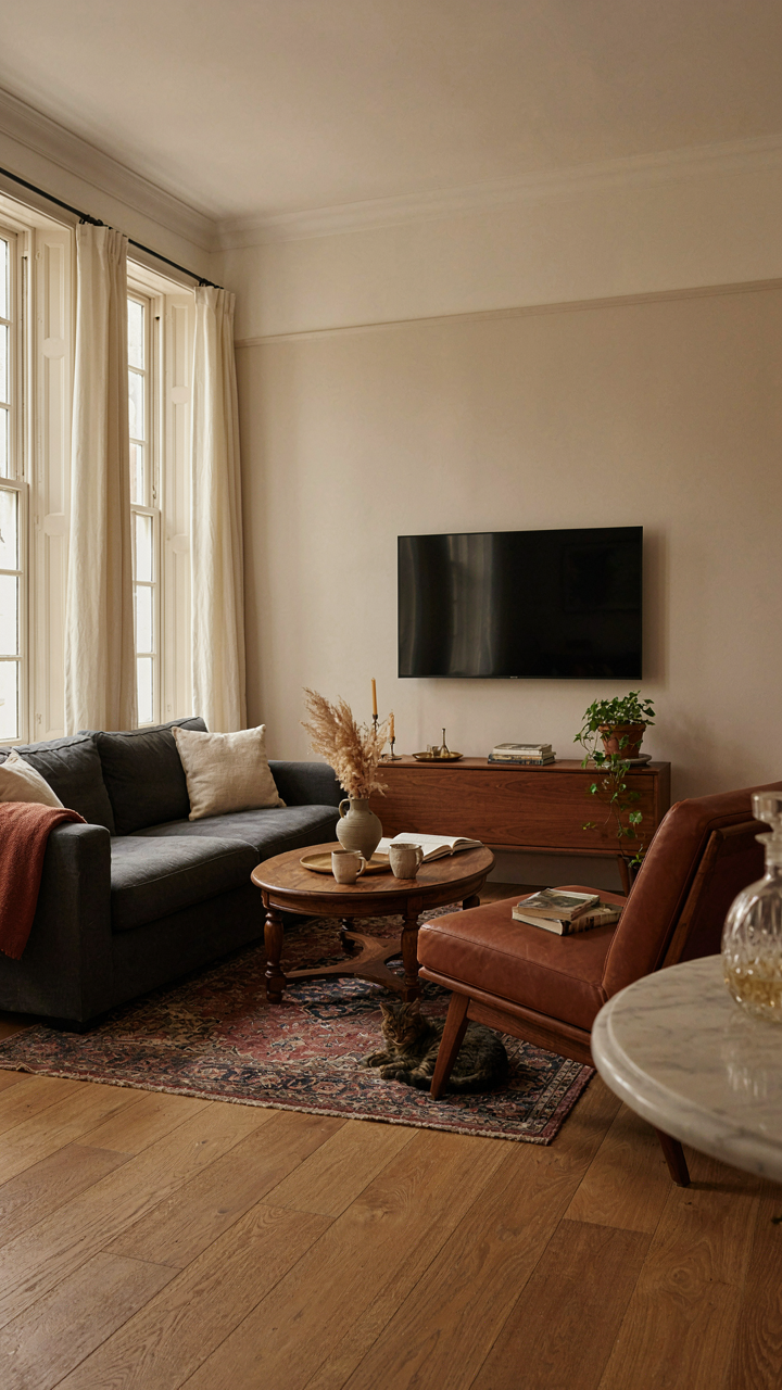 A modern Victorian living room with a TV and conversational seating.