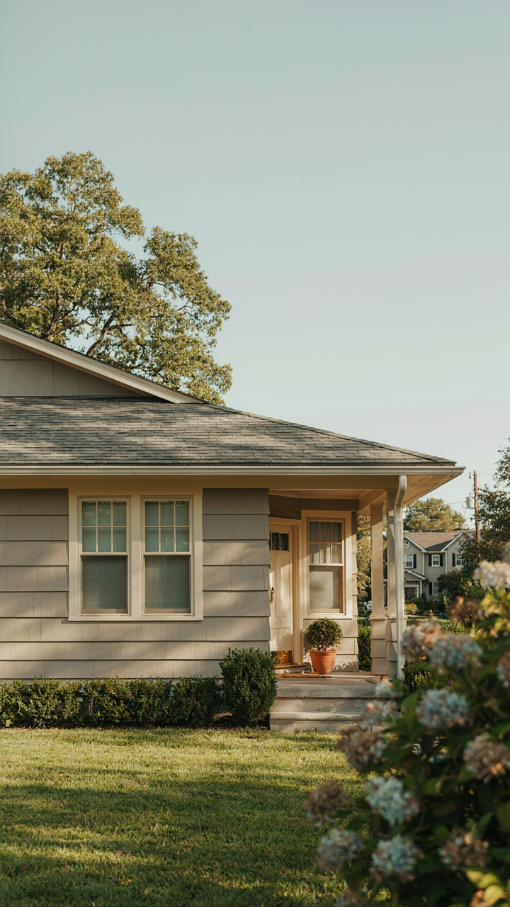 A classic ranch house exterior in a timeless, muted warm gray with cream trim.