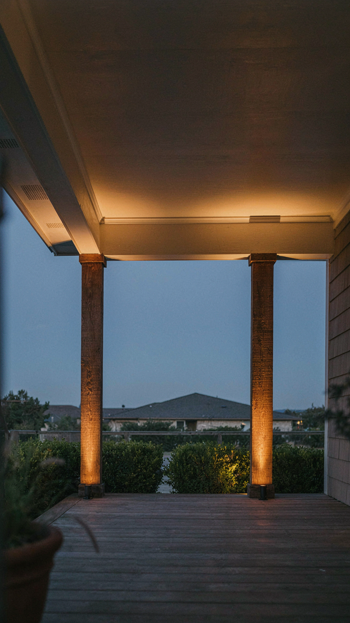 Warm uplights illuminating the soffit of a ranch house porch at dusk.