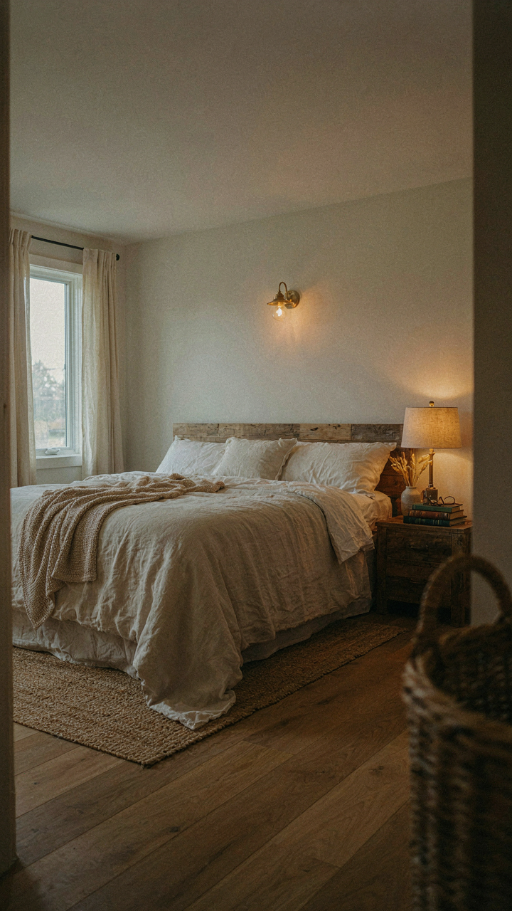 A farmhouse bedroom lit by a bedside lamp and wall sconce for a calm mood.