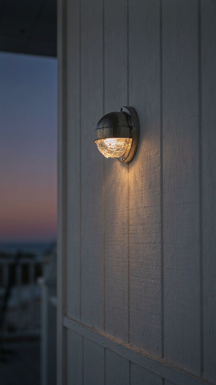 A sealed marine-grade LED light fixture on a white coastal porch wall.