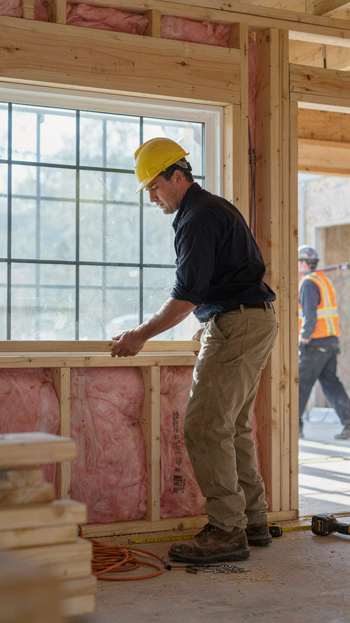 A worker installing wide prairie style windows into a newly framed wall.