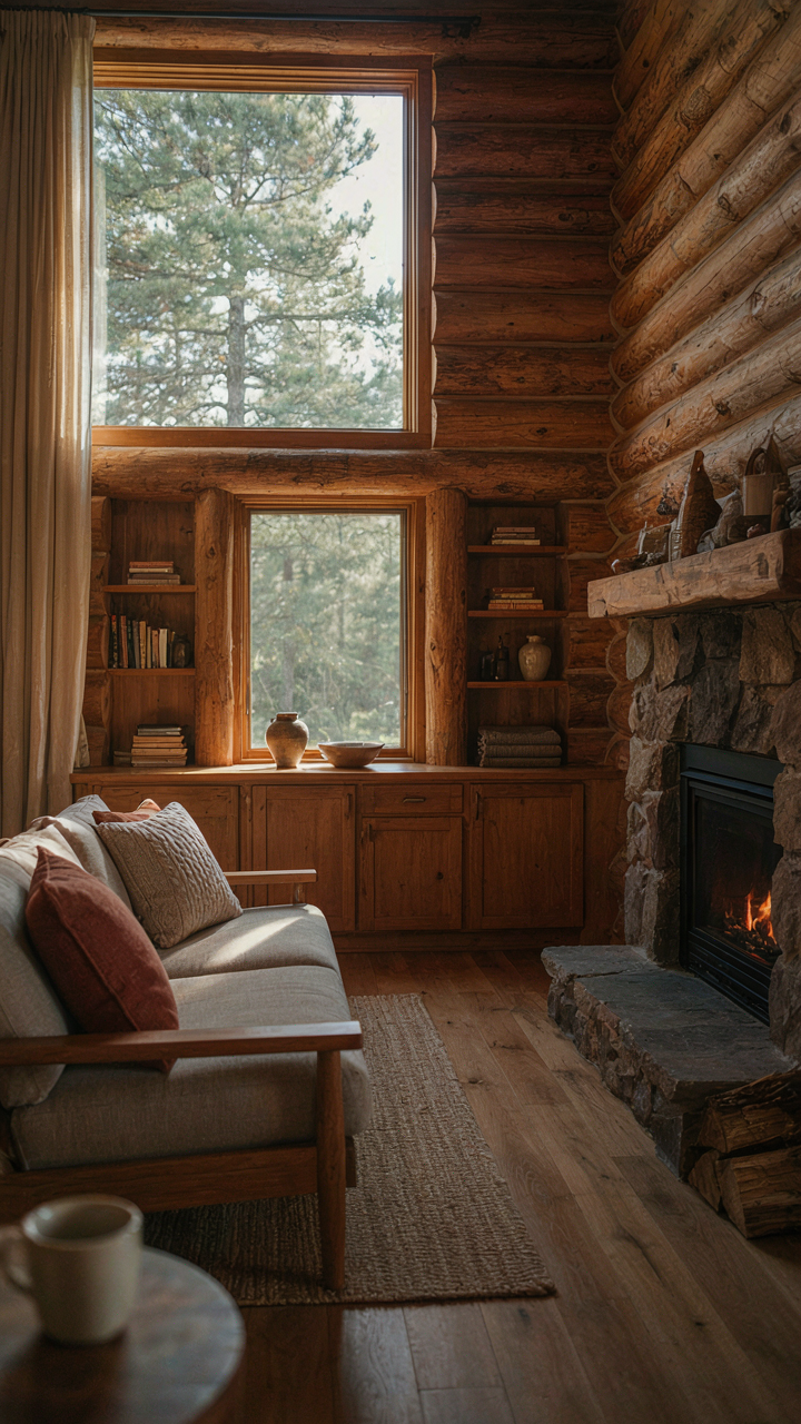 A log cabin living room featuring integrated storage and recessed shelving.