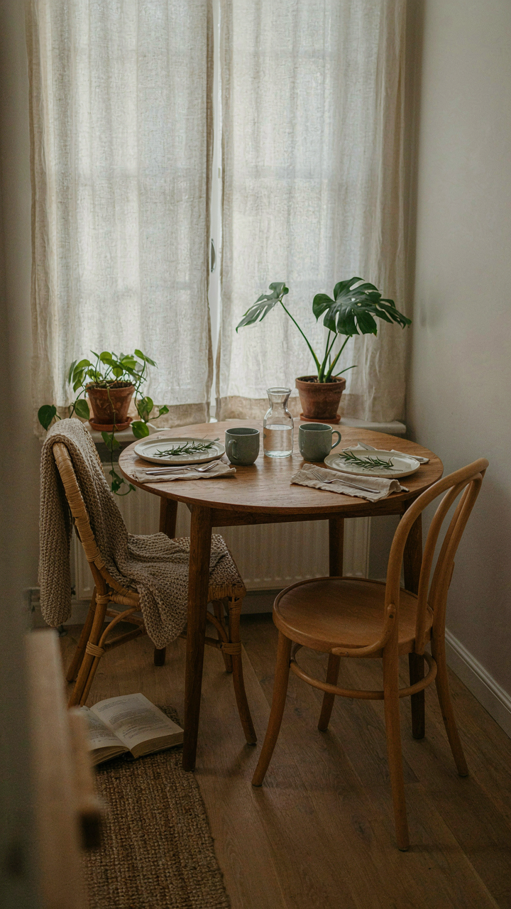 A cozy dining nook with a small wooden table and two close chairs.